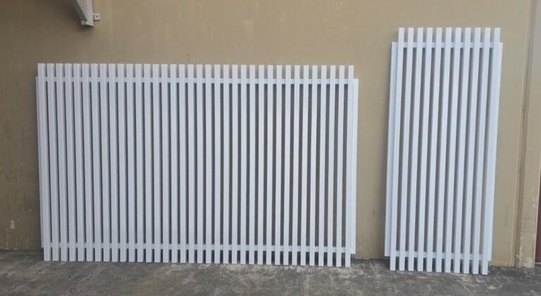 Radiator batten swing gate and pedestrian gate in Pearl White with custom 30mm gap
