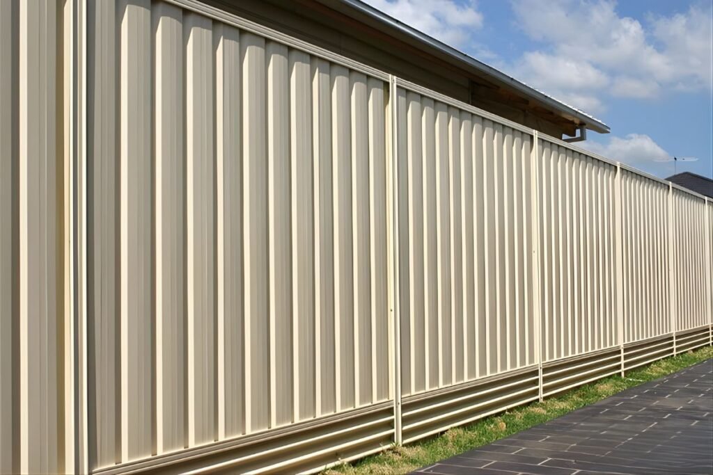 Steel plinth retaining wall supporting a cream steel privacy fence