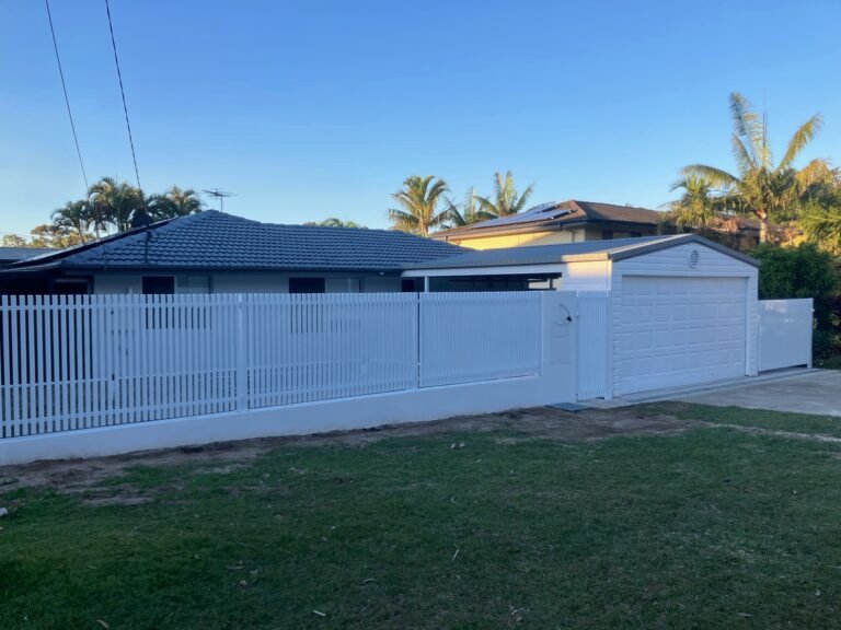 RAD batten aluminium fence with matching pedestrian gate in Pearl White powder coat, 40x40 battens at 30mm spacing, manufactured by Accolade Fencing Deception Bay