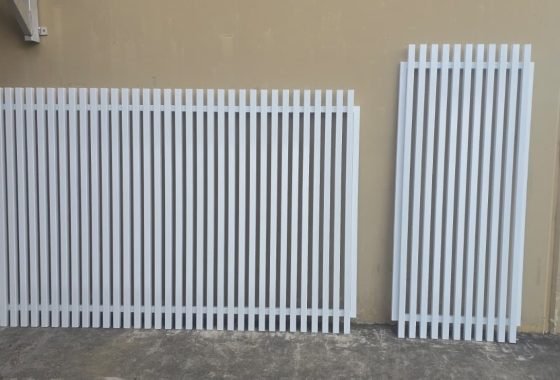 Radiator batten swing gate and pedestrian gate in Pearl White with custom 30mm gap